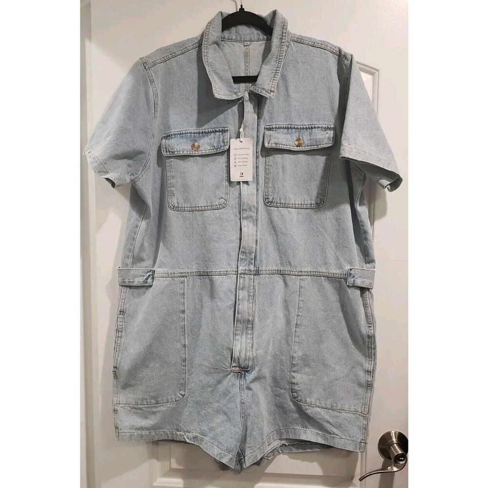 COWOKA Womens Casual Distressed Zip Short‎ Sleeve Denim Romper
